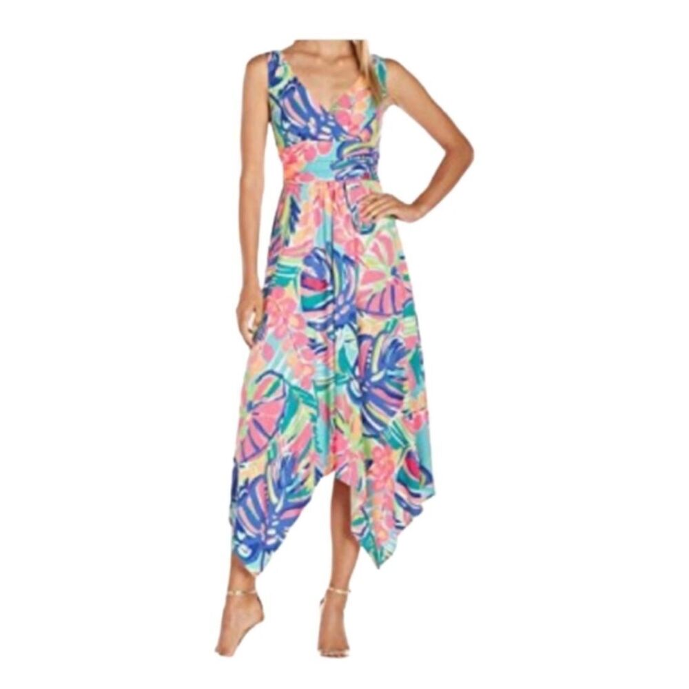 Lilly Pulitzer Sloane midi dress colorful floral leaf handkerchief hemline sz S - Picture 1 of 9